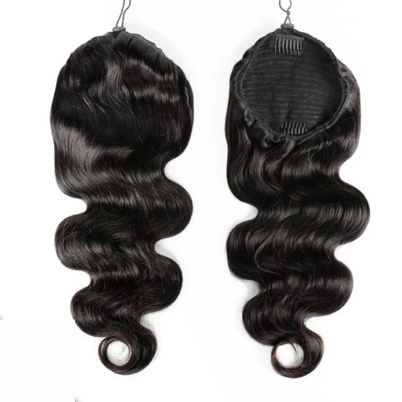 Natural black body wave human hair drawstring ponytail extensions, wrap-around clip-in, 16–26 inches