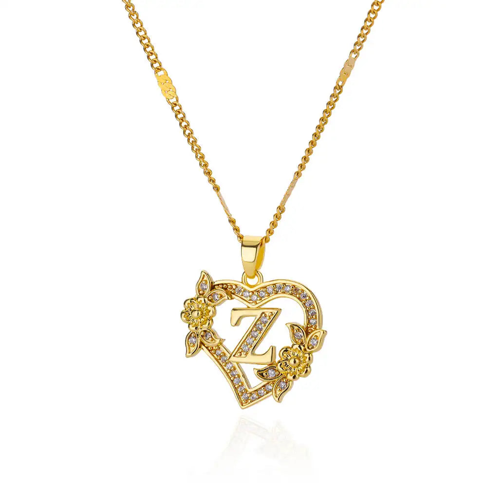 Gold heart initial letter necklace for women with stainless steel chain, featuring A-Z alphabet pendant, birthday jewelry gift