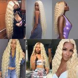 613 Blonde Deep Wave Bundles Human Hair with Closure 4x4 Brazilian Blond 13x4 Lace Frontal with 613 Curly 3 4 Bundles Human Hair