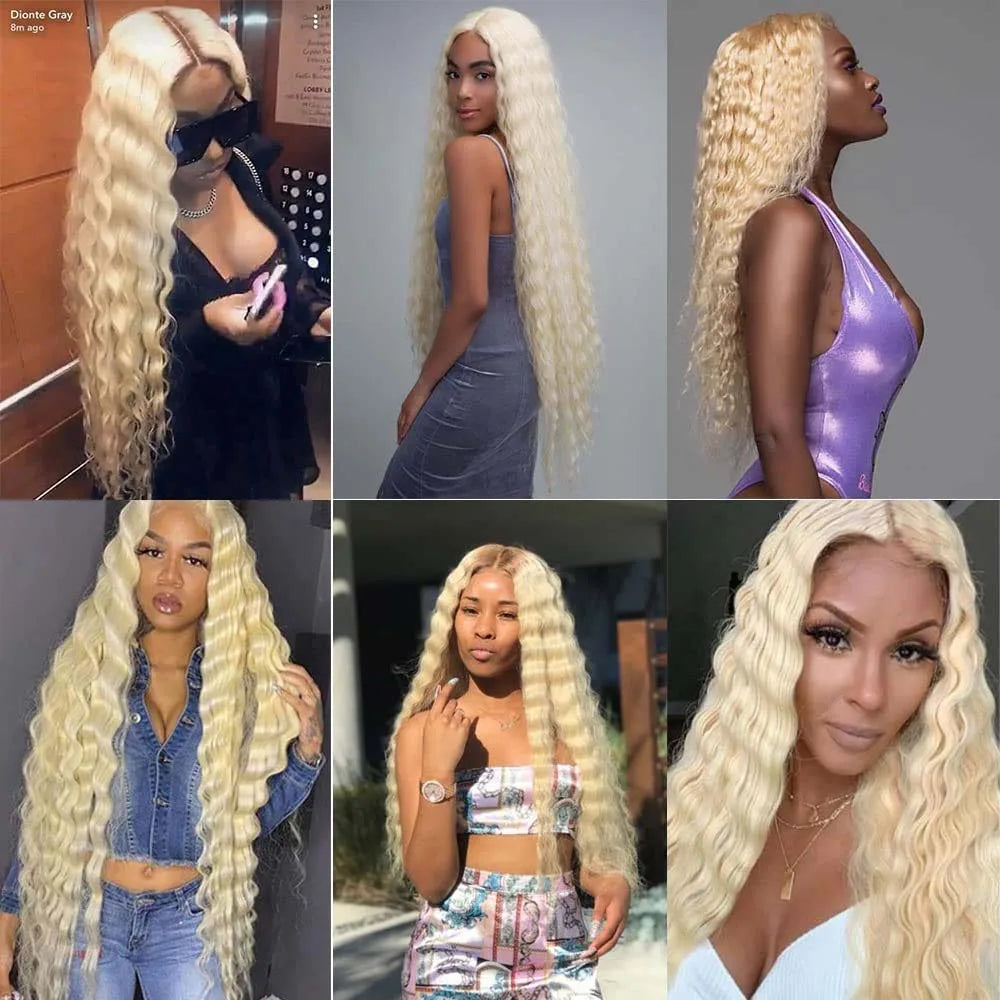 613 Blonde Deep Wave Bundles Human Hair with Closure 4x4 Brazilian Blond 13x4 Lace Frontal with 613 Curly 3 4 Bundles Human Hair