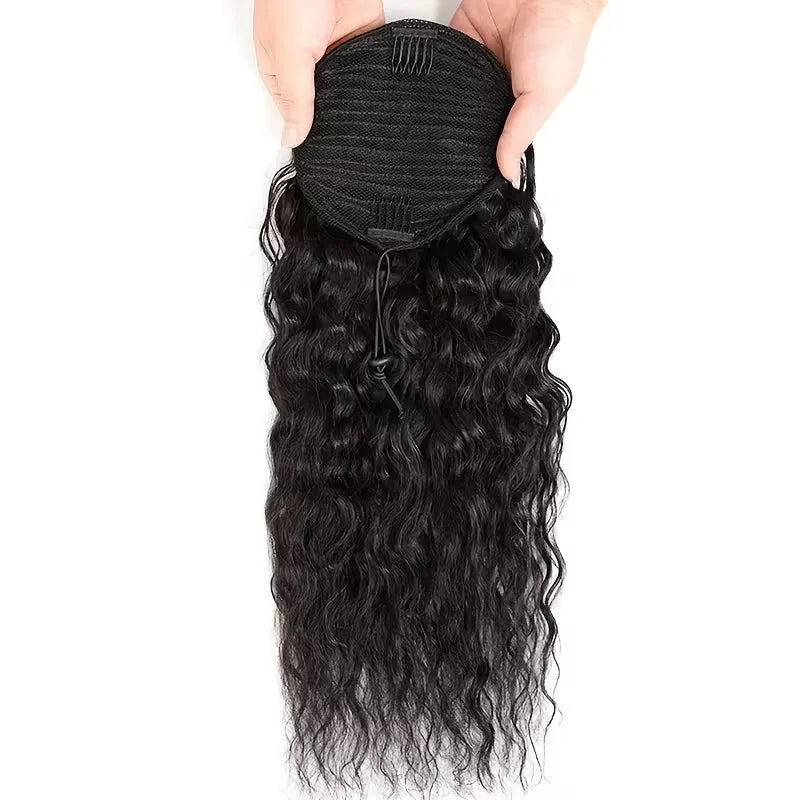 Women’s Clip-In Human Hair Ponytail Extensions 10A Grade Water & Corn Wave, 100% Unprocessed Brazilian Hair, Drawstring Closure