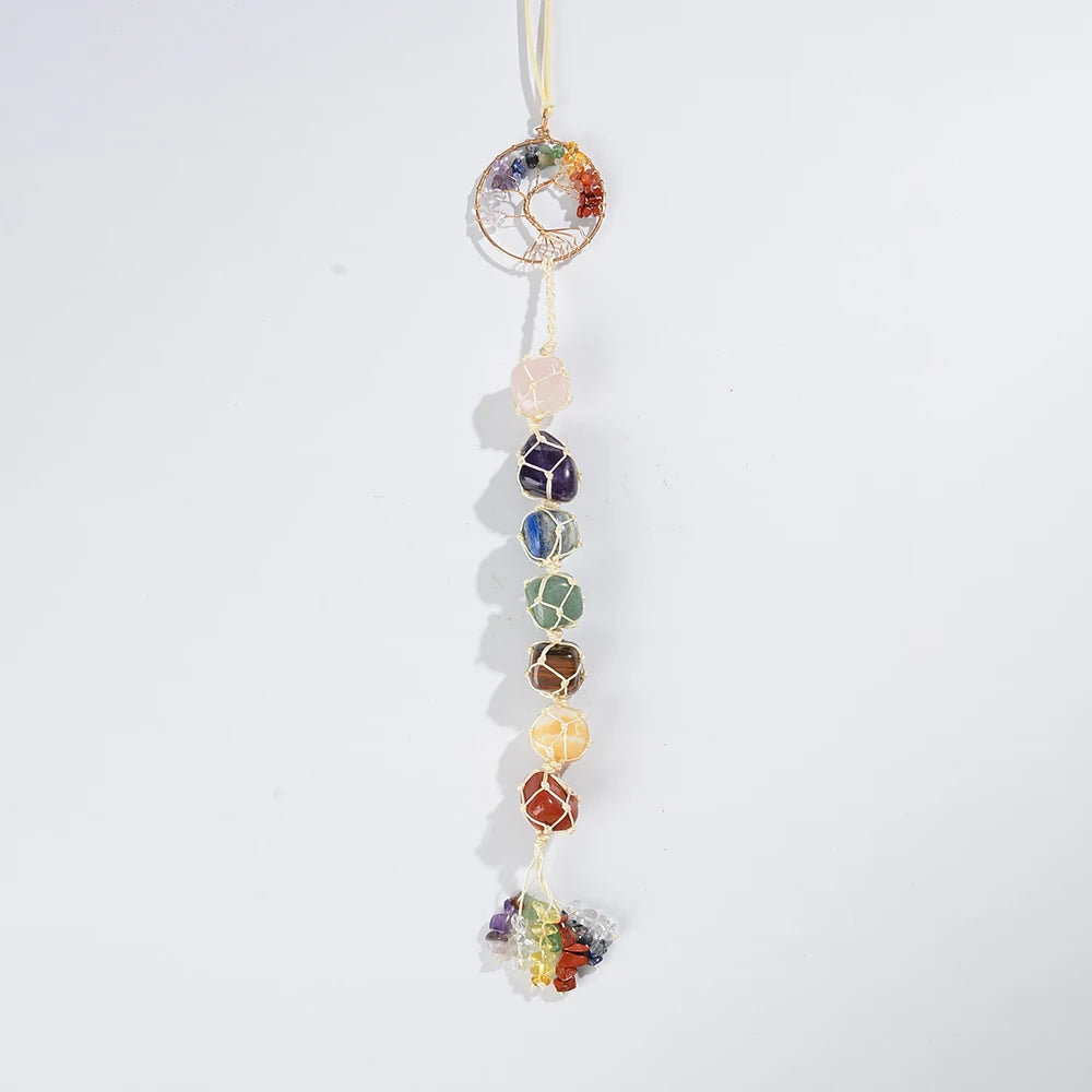 Tree of Life 7 Chakra Stone Dream Catcher Healing Crystal Gift, Room Decoration for Women Hanging Curtains Car
