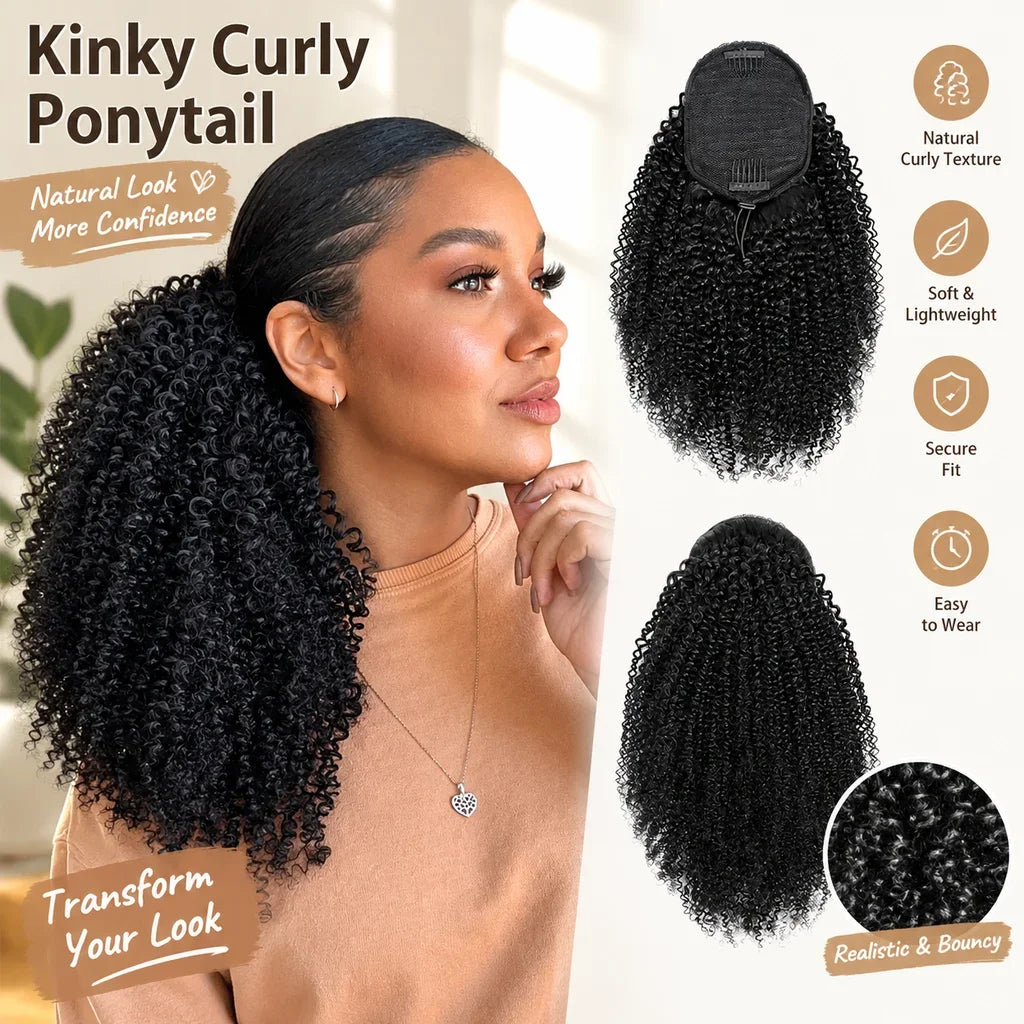 Kinky curly Brazilian Remy human hair drawstring ponytail clip-in extension by HSF Marketplace
