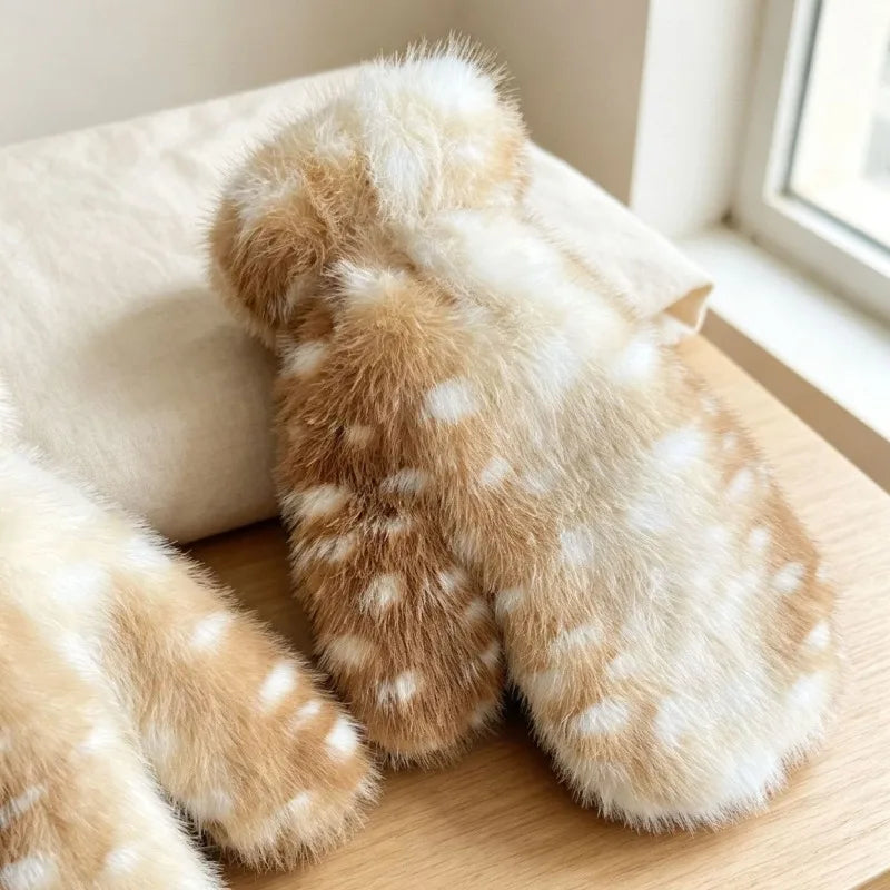 Kawaii deer spots faux fur winter hat, scarf and gloves set by HSF Marketplace