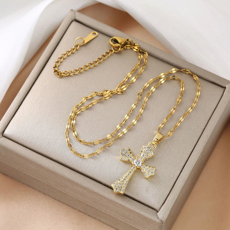 Retro cross clavicle chain necklace from HSF Marketplace, featuring a simple pendant, ideal as stylish jewelry or holiday accessory.