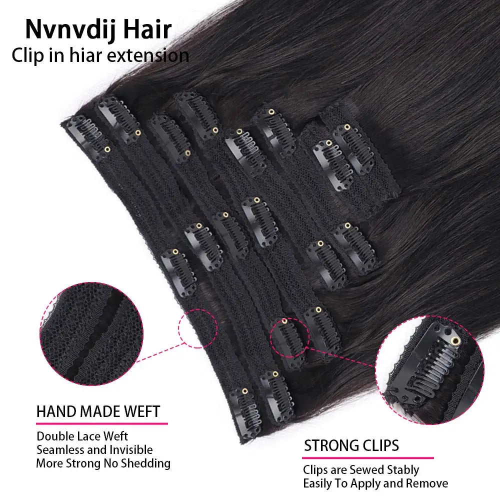 Straight clip-in hair extensions, 120g full head 8-piece set, 100% human hair in natural black by HSF Marketplace