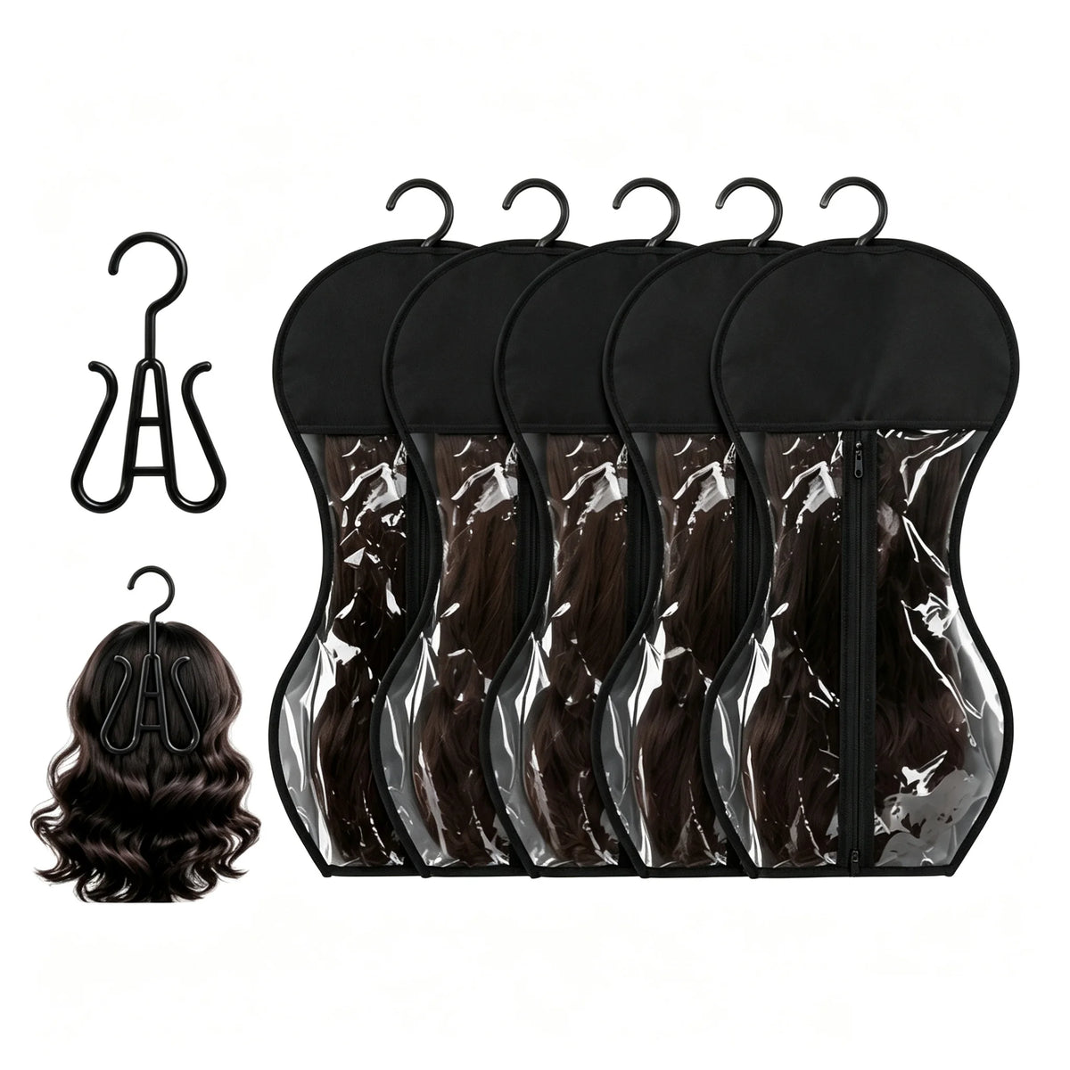 1/3/5pcs Premium Wig Storage Bags with Sturdy Metal Hangers - Black Transparent Design for Multiple Wigs & Hair Extensions