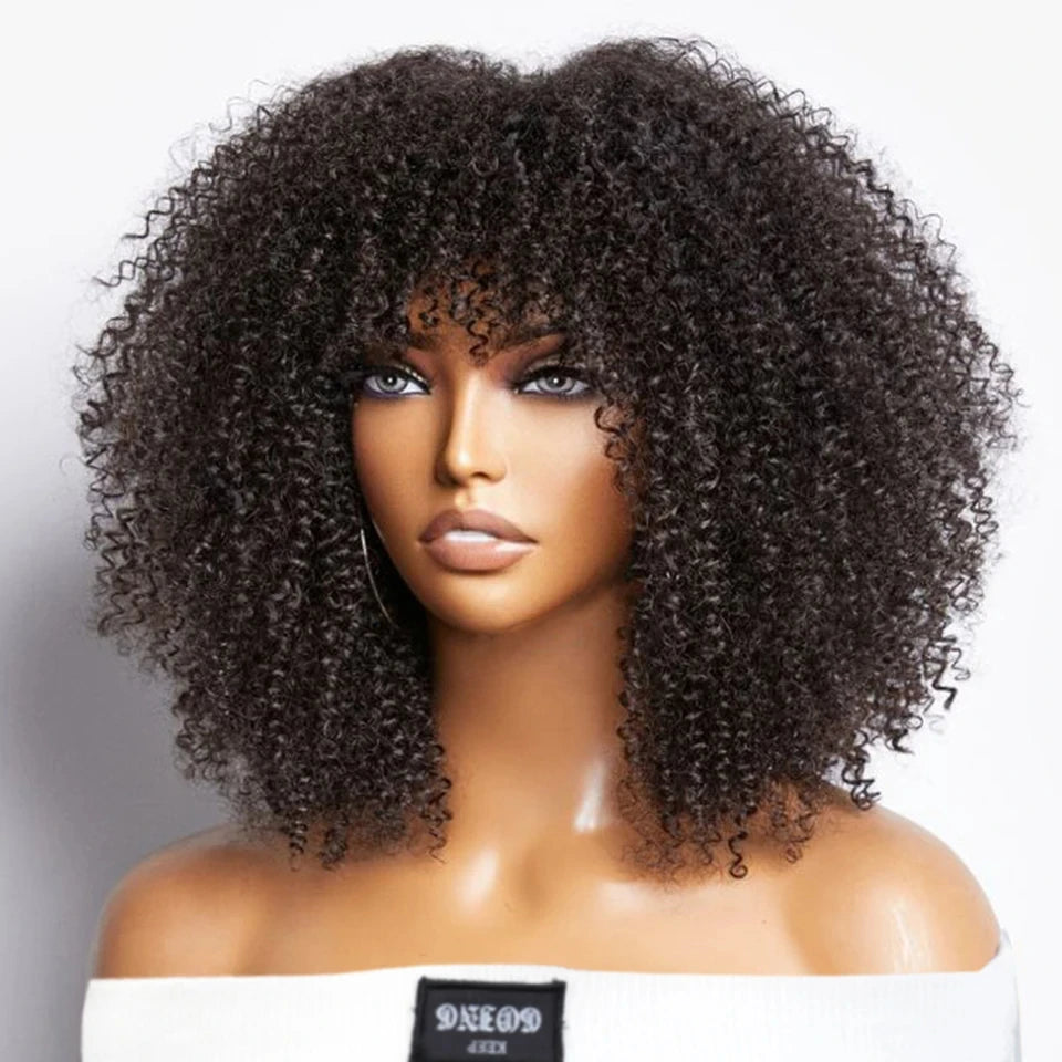 Short curly human hair wig with bangs, afro kinky style, glueless full machine-made wig, 250 density Remy hair by HSF Marketplace