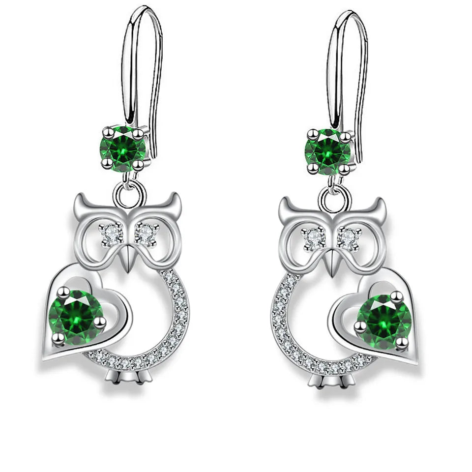 Cute owl drop earrings for women in silver with colorful zircon by HSF Marketplace