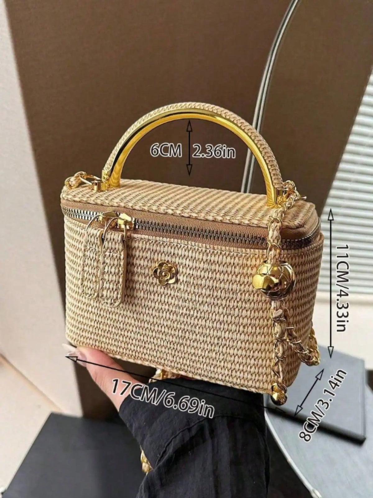 Minimalist woven straw lunch box bag with chain strap by HSF Marketplace
