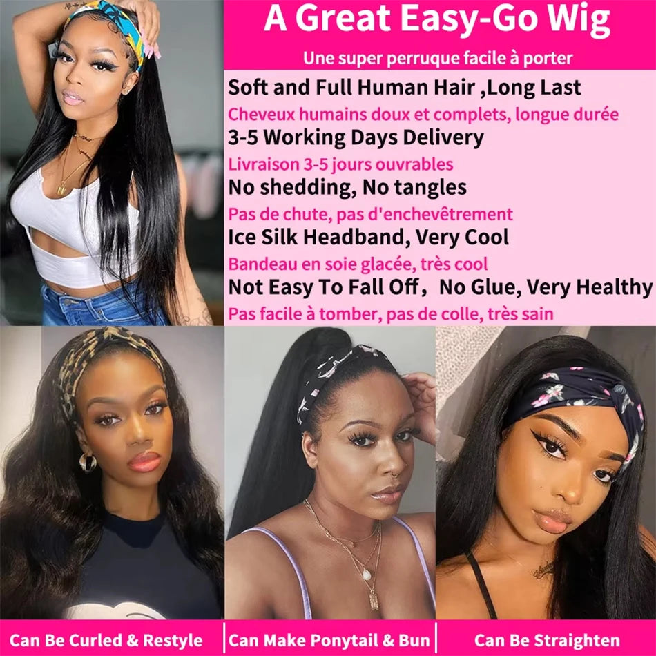 30-inch straight Brazilian human hair headband wig, full machine-made, no-glue scarf wig for women by HSF Marketplace