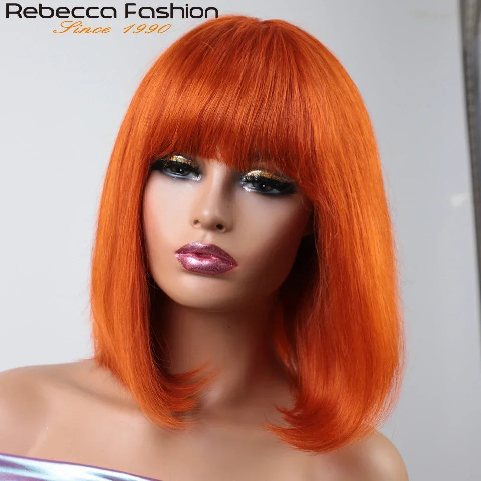 Orange blonde short straight bob wig with bangs, human hair, Brazilian style, featuring a sleek machine-made design from HSF Marketplace.