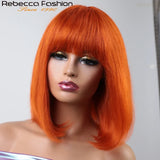 Orange blonde short straight bob wig with bangs, human hair, Brazilian style, featuring a sleek machine-made design from HSF Marketplace.