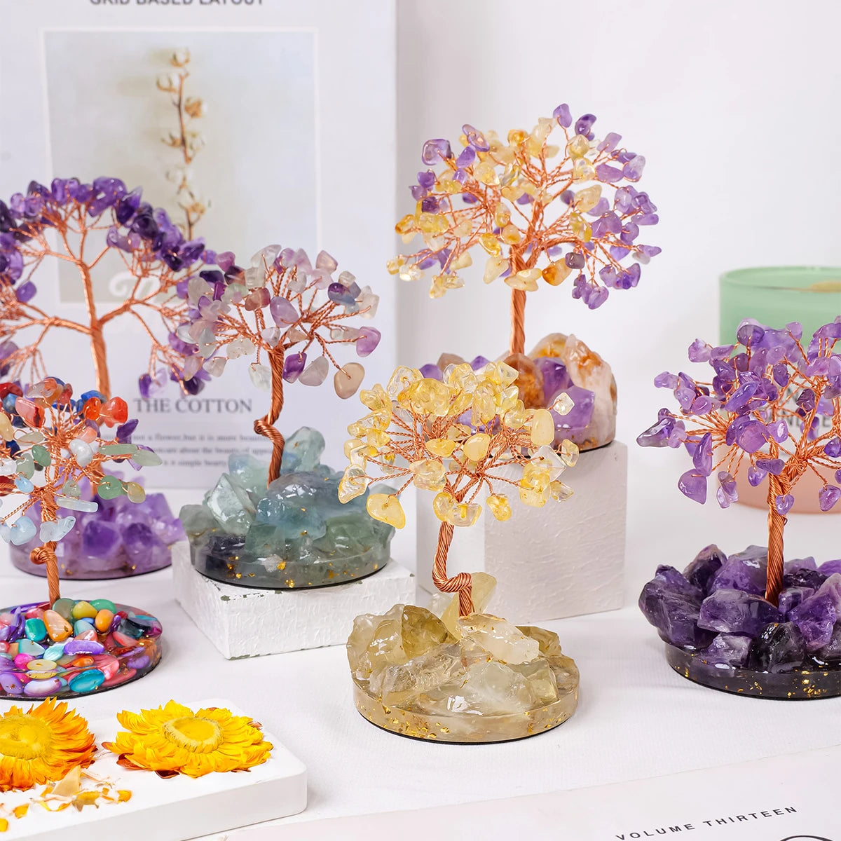 1PC Natural Crystal Tree Handmade Tree of Life Reiki Healing Mineral Specimen Home Decoration Gifts Souveni Drop Glue Resin Base