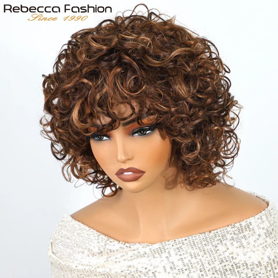 Pixie curly human hair wig with highlights, short Brazilian Remy bob style, easy wear, glueless design for women.