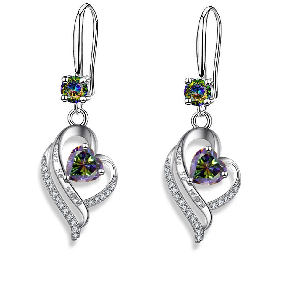 Silver heart drop earrings for women with colorful zircon stones by HSF Marketplace