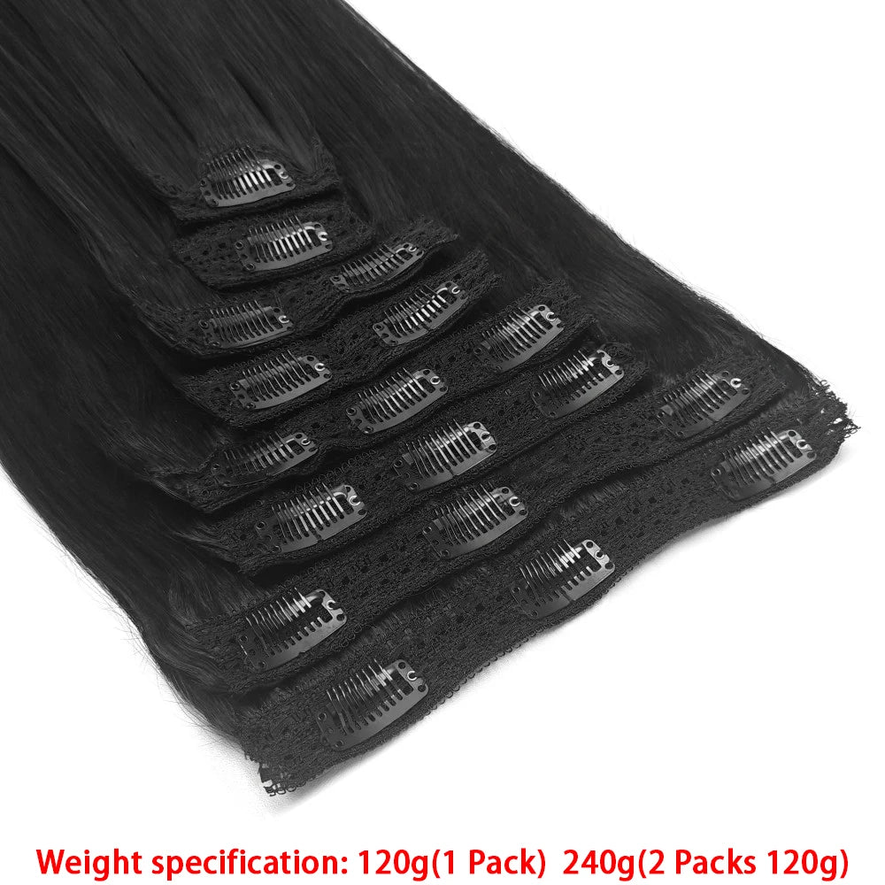 120g 8-piece straight Brazilian Remy human hair clip-in extensions in natural black for women