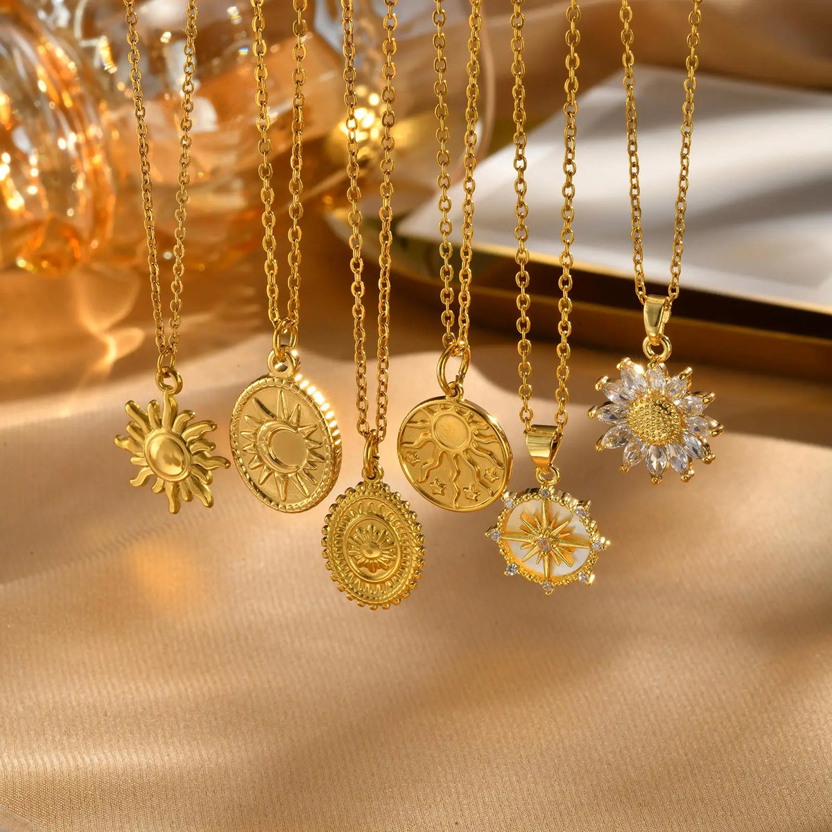 Stainless steel spiral sunflower pendant necklace for women, 18K gold plated boho jewelry, waterproof and stackable fashion necklace.