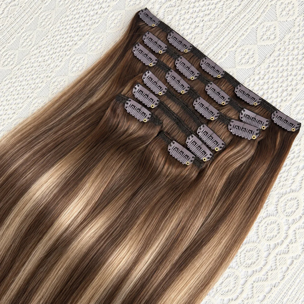 Dark chocolate brown Brazilian Remy human hair clip-in extensions, straight 18-26 inch set with fuller ends
