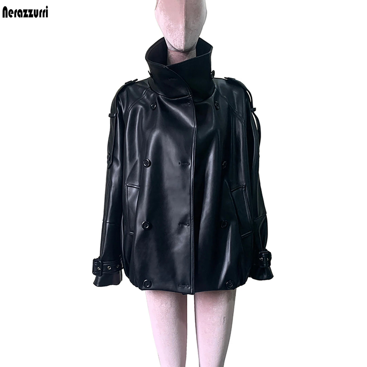 Women's Nerazzurri waterproof windproof PU leather trench coat with double-breasted front and long silhouette