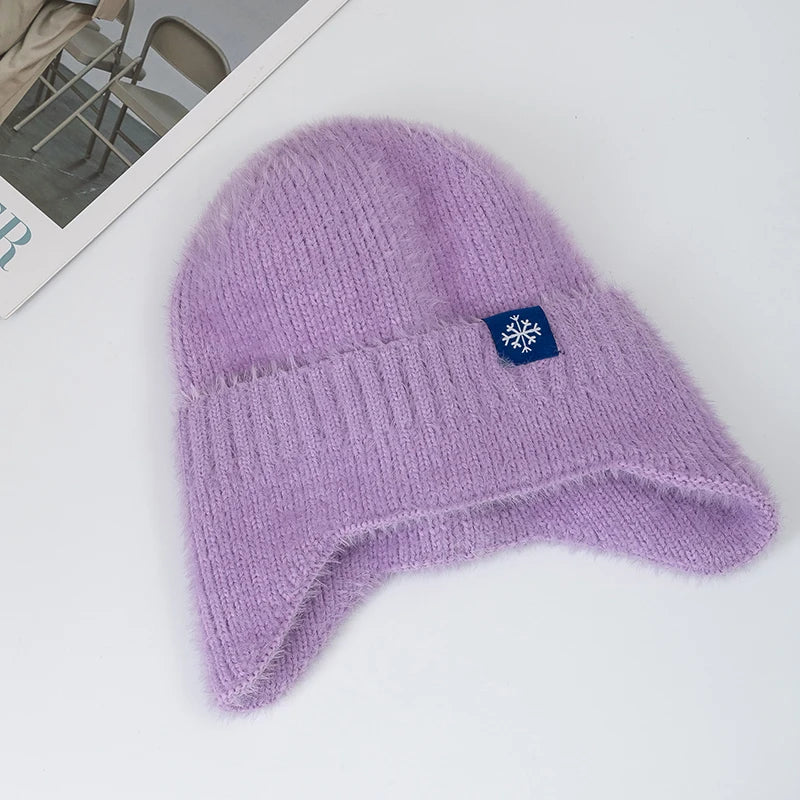 Women's candy-color faux fur knitted earflap winter hat, soft Kpop-style beanie cap by HSF Marketplace