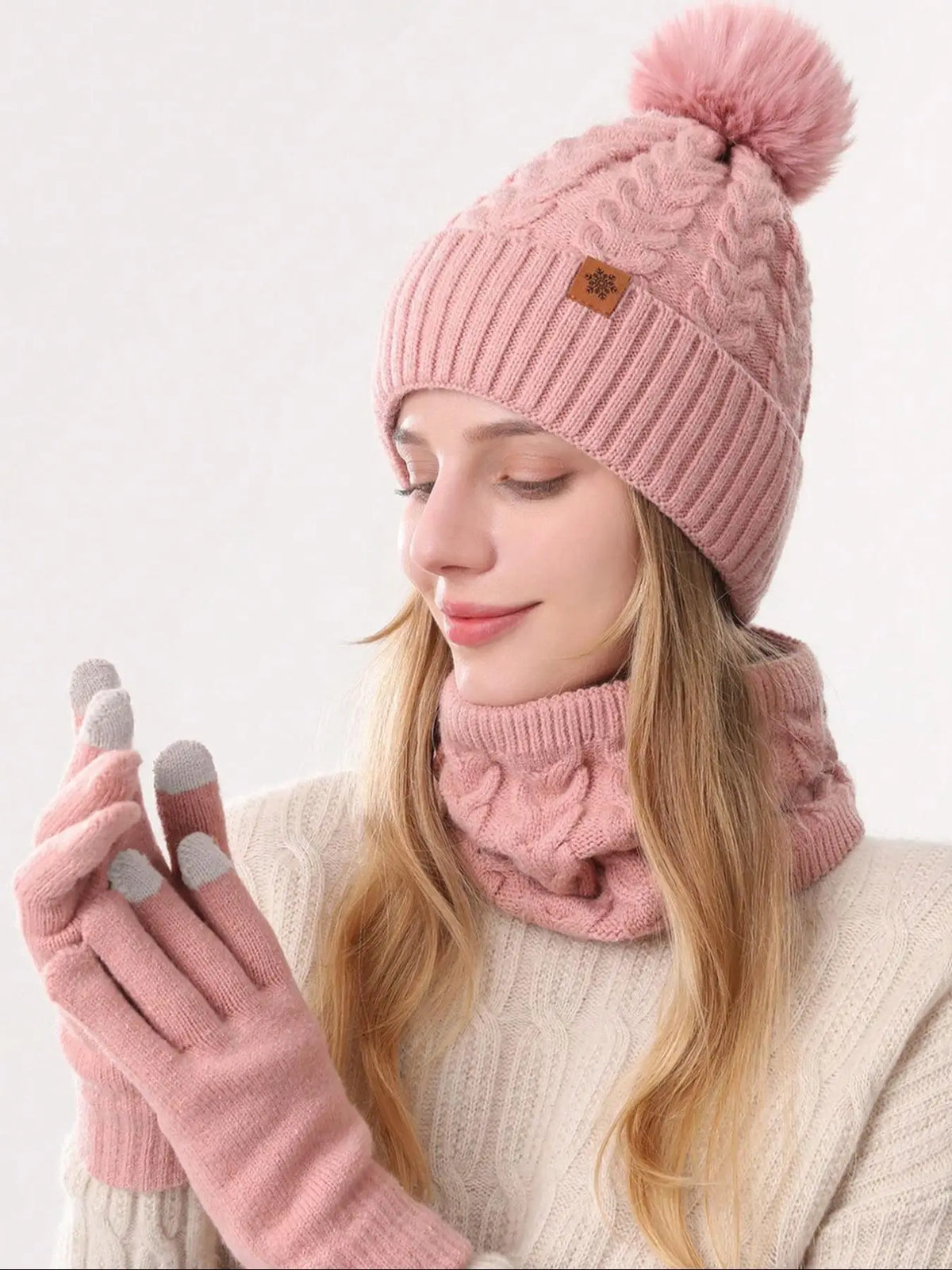 Warm knitted 3-piece winter set for women with hat, neck warmer, and gloves from HSF Marketplace