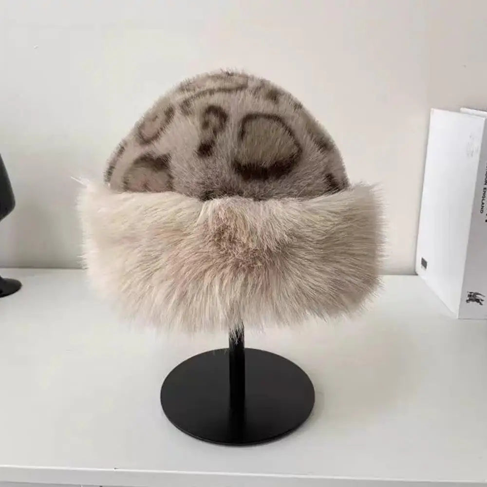 Women's leopard print faux fur fisherman hat, thick winter windproof headgear for warmth