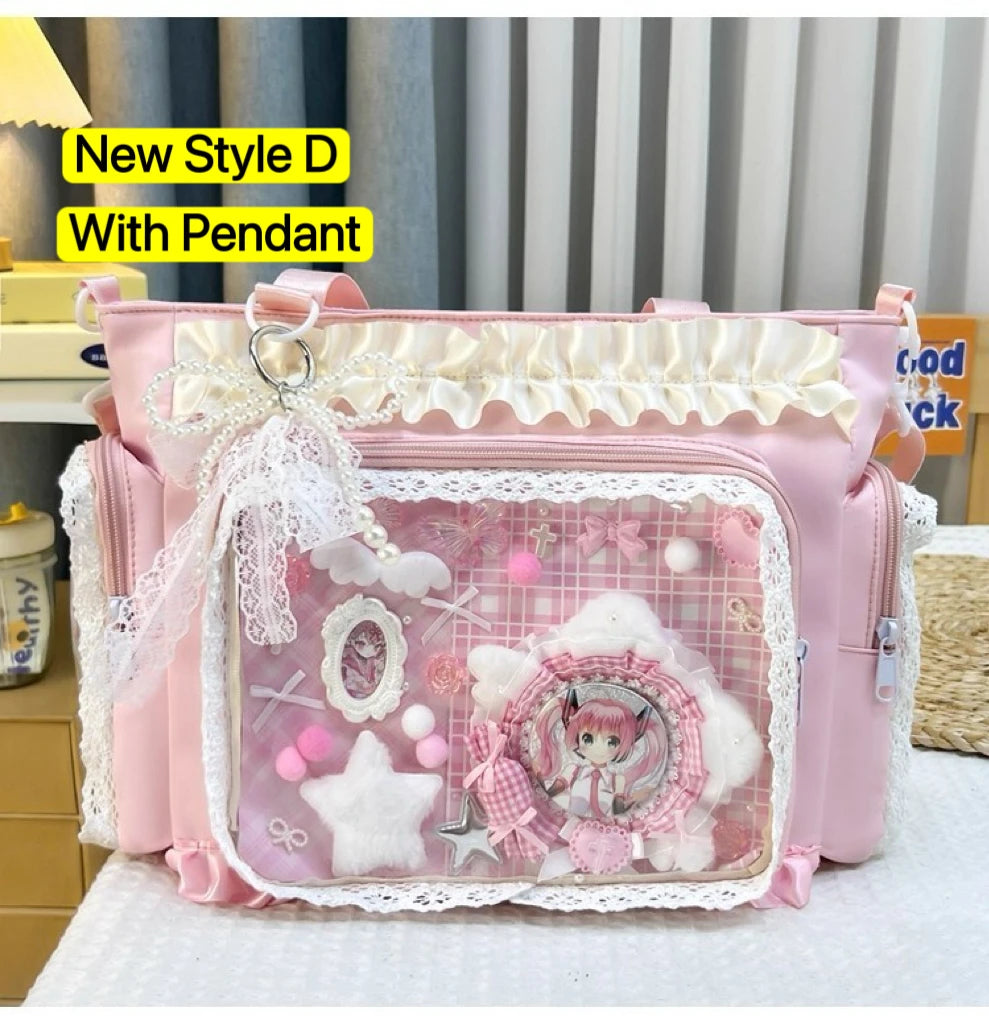 Transparent Y2K Japanese Ita Bag by HSF Marketplace featuring large capacity, casual shoulder tote with DIY display space and lolita style.