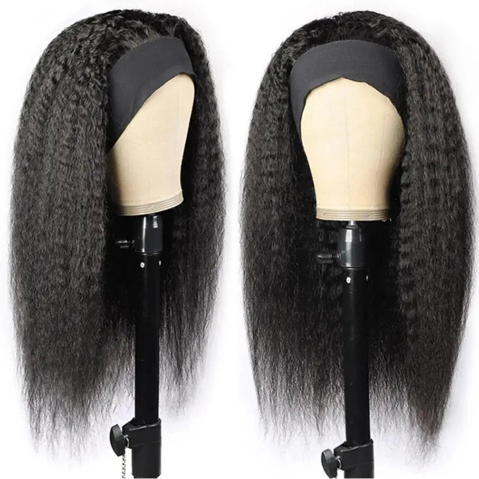 30-inch long thick kinky straight human hair headband wig, yaki texture, glueless full machine wig for women