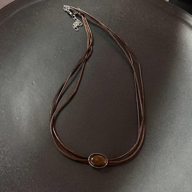 Vintage brown leather stone pendant necklace for women by HSF Marketplace