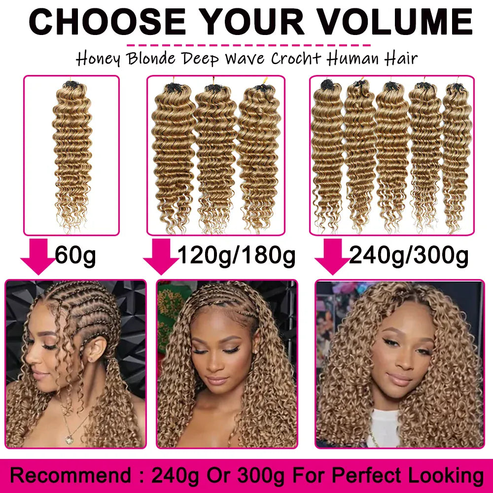 #27 Honey Blonde Miracle Knots Crochet Human Hair Deep Wave Feather Crochet Hair For Boho Braids Burmese Curly Crochet Hair Deep Wave Bundles 100% Human Hair Crochet Hair Extension Deep Curly Crochet Hair For Black Woman  #30
