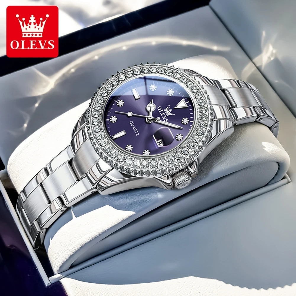 OLEVS 9945 Luxury Women Original Quartz Movement Watch Diamond Scale Stainless Steel Bracelet Luminous Function 30M Waterproof Watch