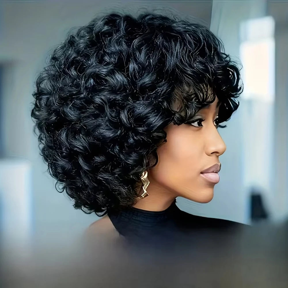 Short curly bob human hair wig with bangs, glueless bouncy afro style for women by HSF Marketplace