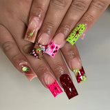 24pcs Sweet Punk pink and black French polka dot striped long coffin press-on false nails by HSF Marketplace