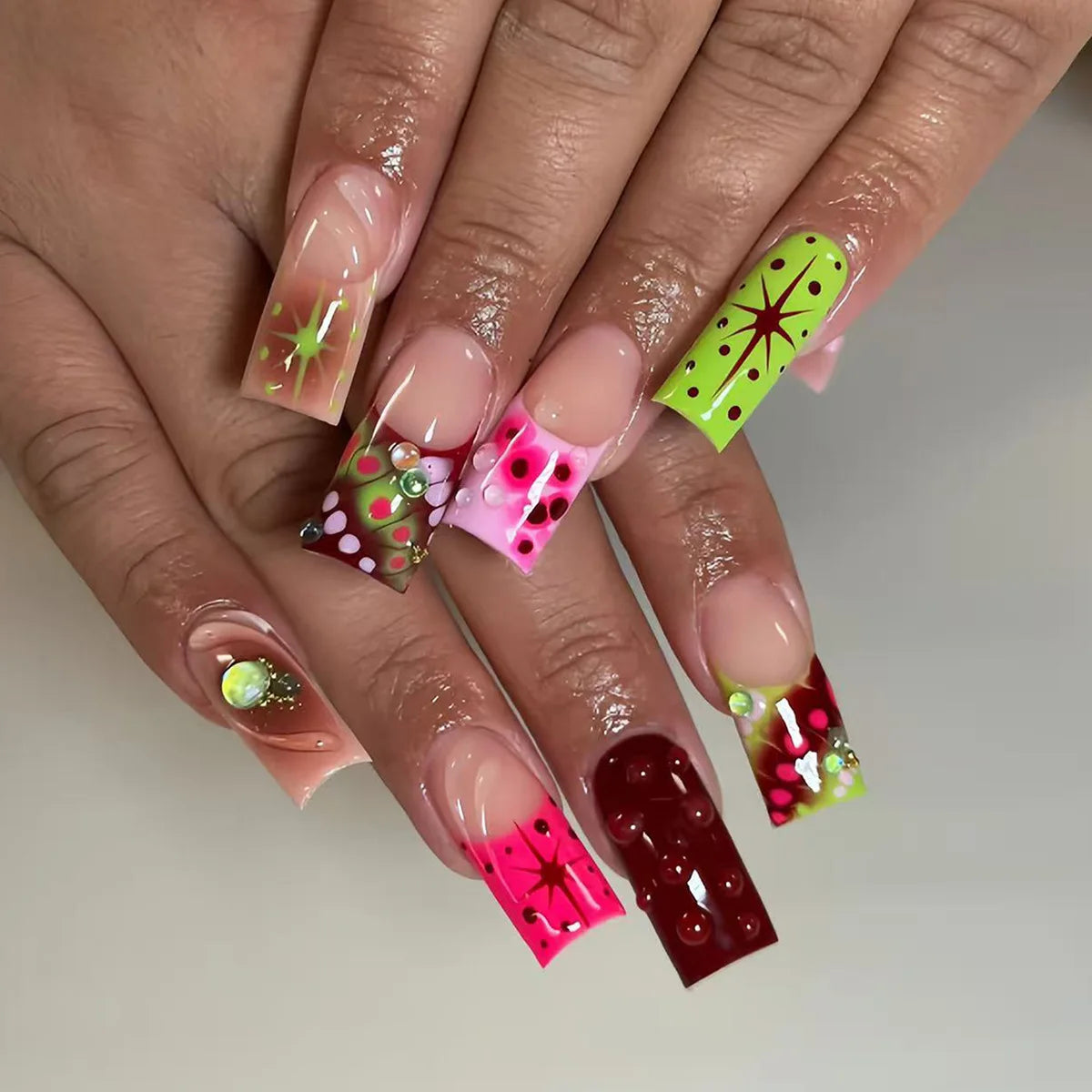 24pcs Sweet Punk pink and black French polka dot striped long coffin press-on false nails by HSF Marketplace