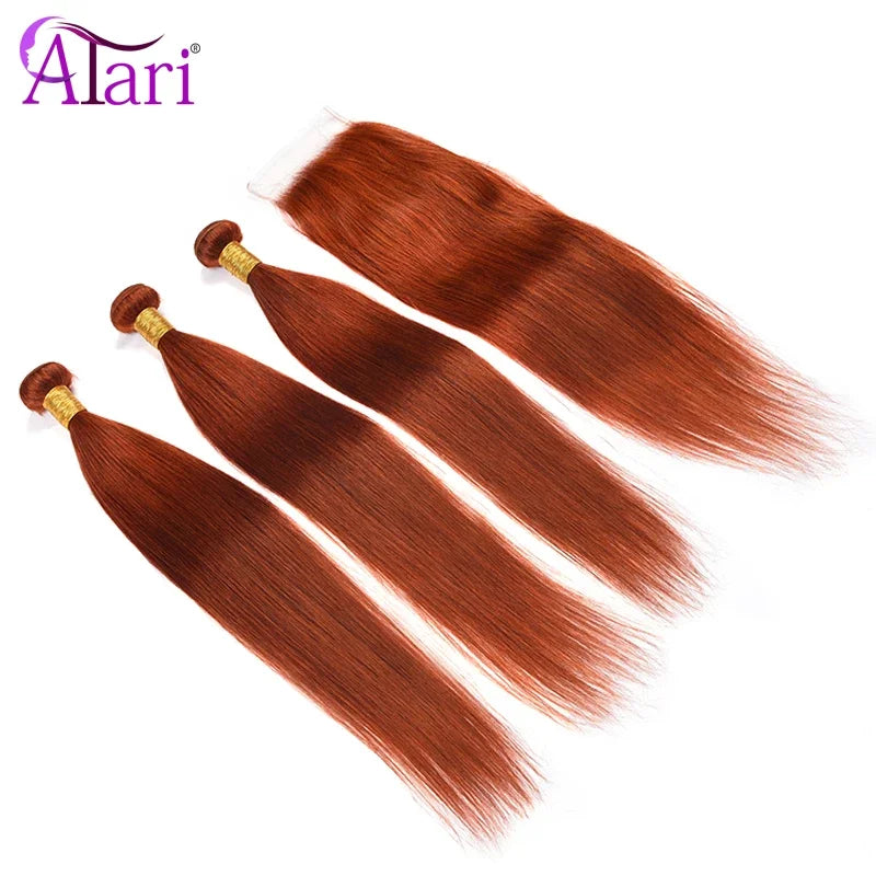 Ginger Orange Colored Straight Bundles with Closure Brazilian 5x5 4x4 Lace Closure Bundles with Closure Transparent Lace Hair