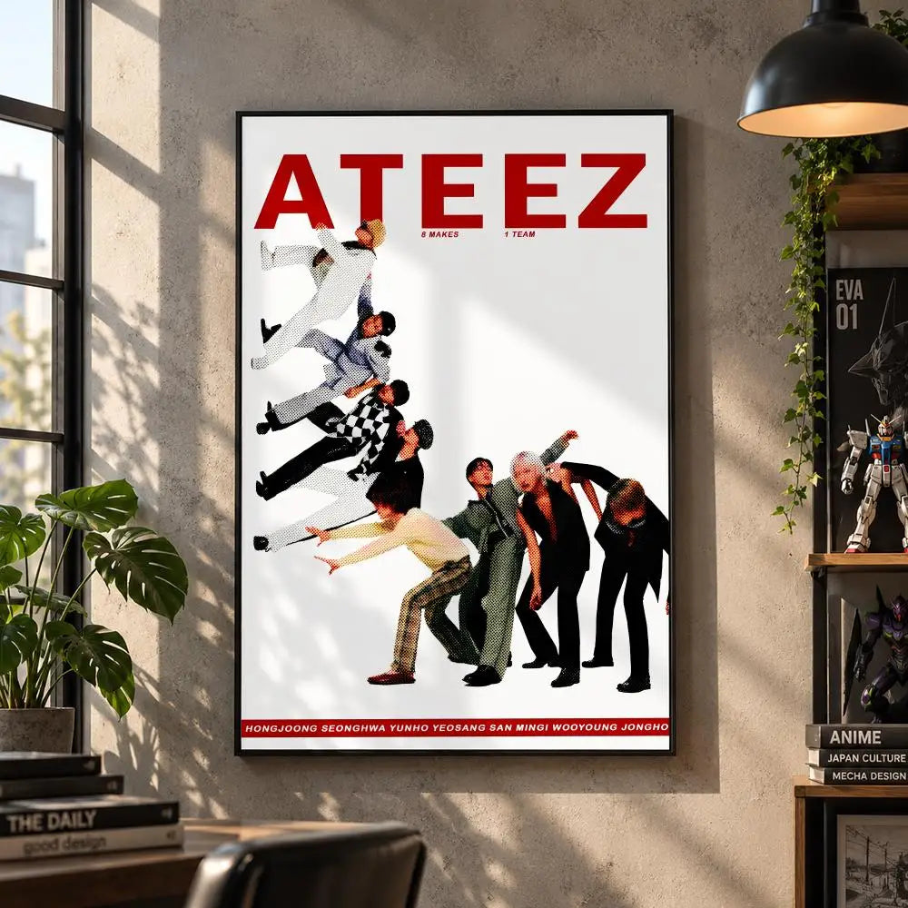 ATEEZ Kpop boy group poster for bedroom and living room decor, featuring group members in a vibrant design