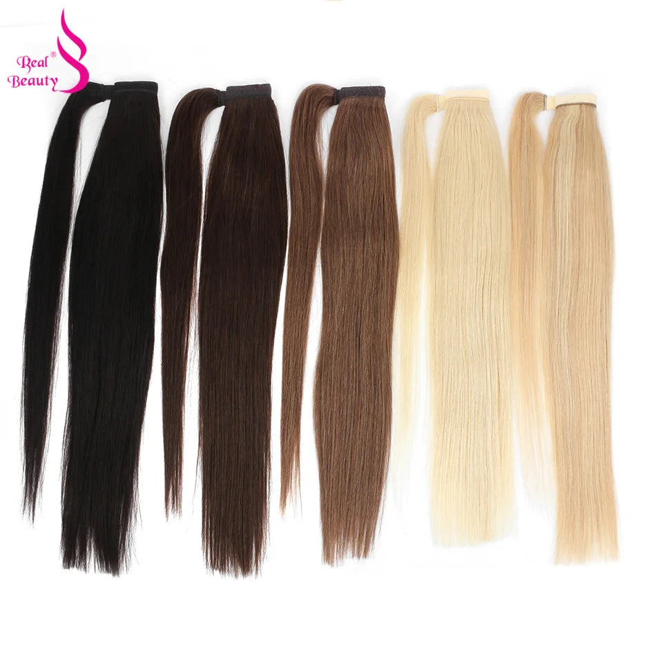 Straight Brazilian Remy human hair wrap-around ponytail extension in a natural flowing style