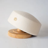 Women’s wool felt beret hat with vintage hard concave top, pillbox styling, and fascinator design by HSF Marketplace