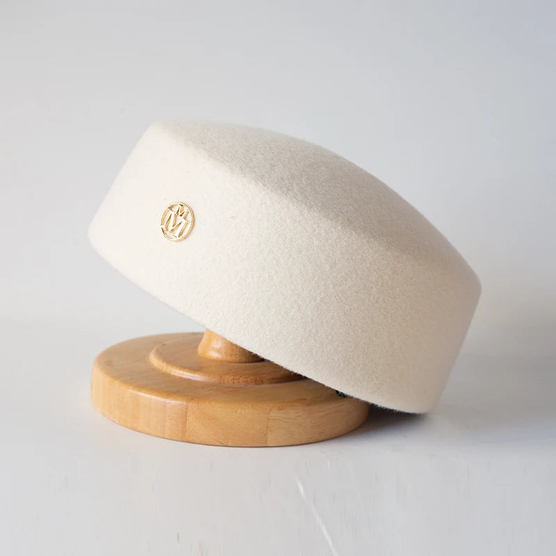 Women’s wool felt beret hat with vintage hard concave top, pillbox styling, and fascinator design by HSF Marketplace