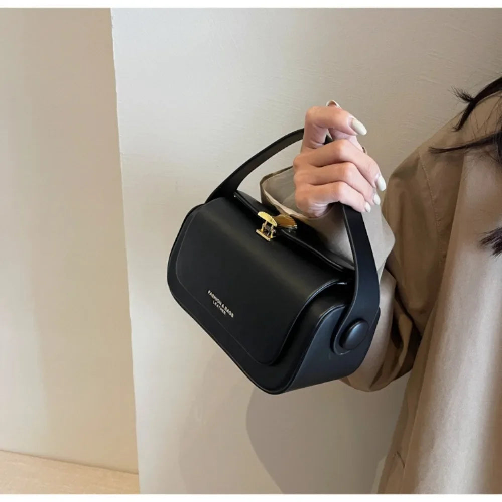 Black leather shoulder bag with textured flap, versatile retro design, large capacity, square shape, ideal for women’s handbags and purses.