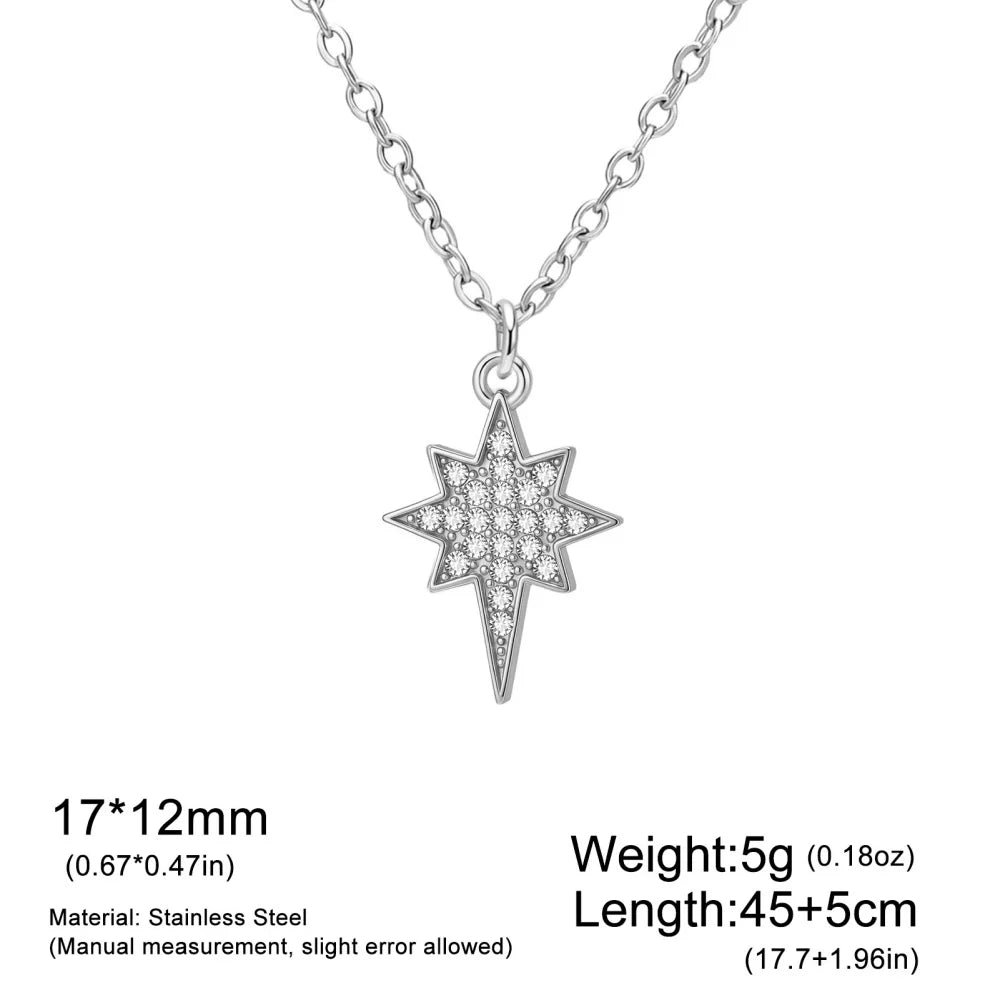 Gold stainless steel North Star pendant necklace for women featuring zircon accents on a sleek clavicle chain, waterproof jewelry.