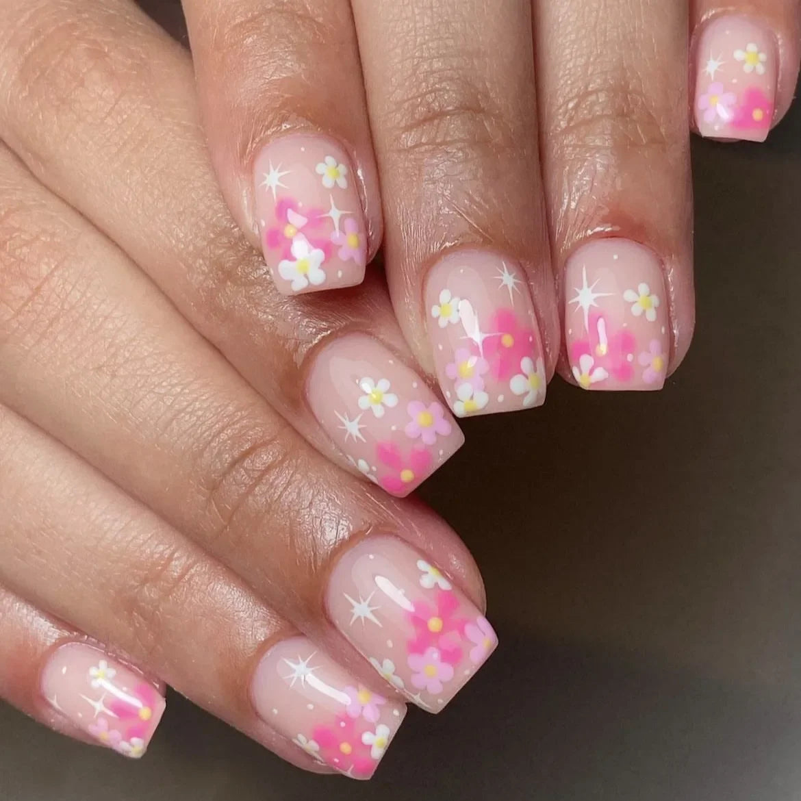 HSF Marketplace short almond press-on false nails with pink floral French tips, glossy full-cover design