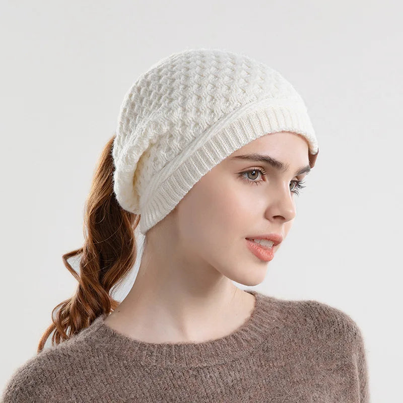 Women's HSF Marketplace fleece-lined beanie with ponytail hole and ear flaps, gray slouchy winter hat