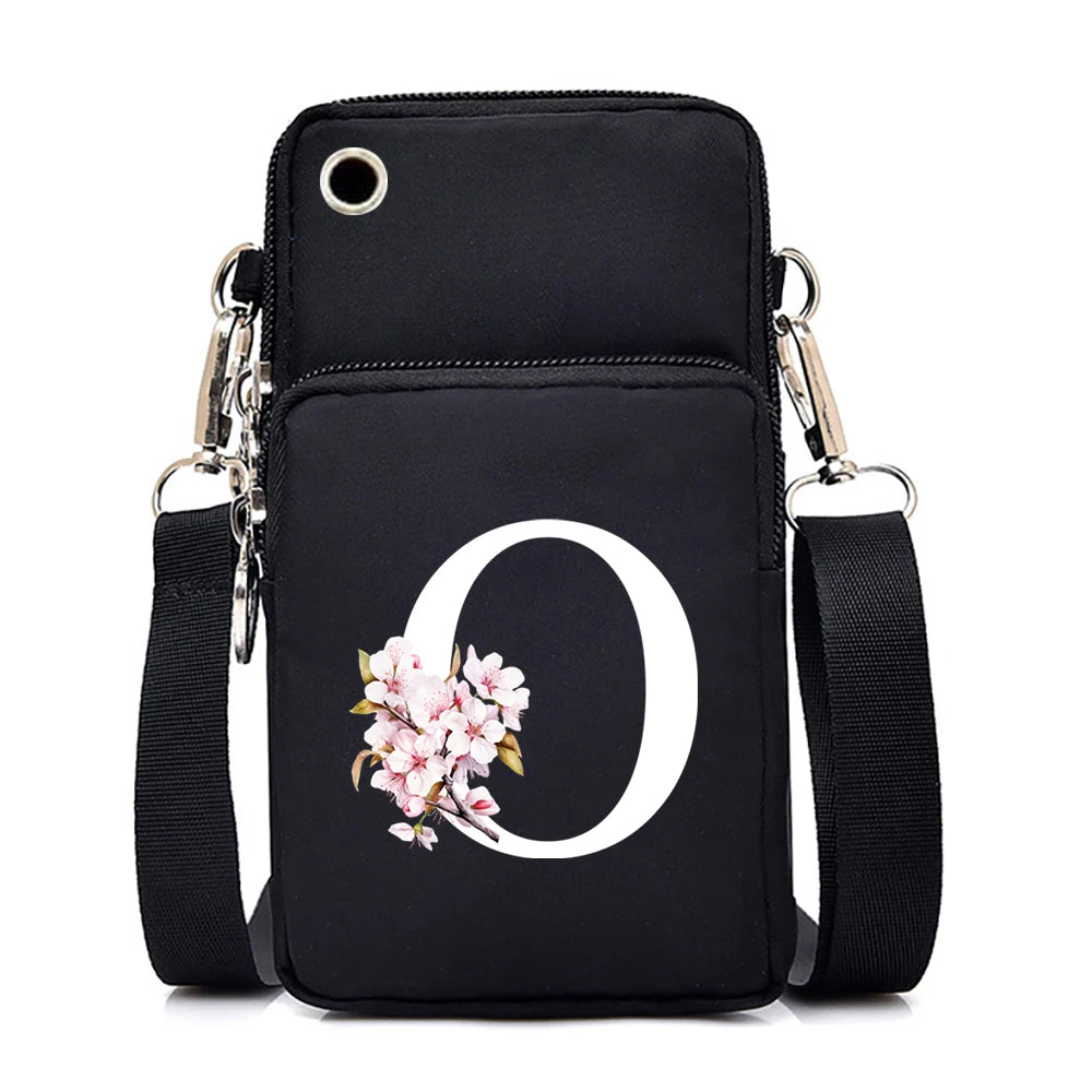 Fashion floral Sakura alphabet graphics small crossbody handbag for women, with space for mobile phone and essentials.