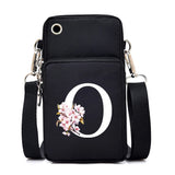 Fashion floral Sakura alphabet graphics small crossbody handbag for women, with space for mobile phone and essentials.