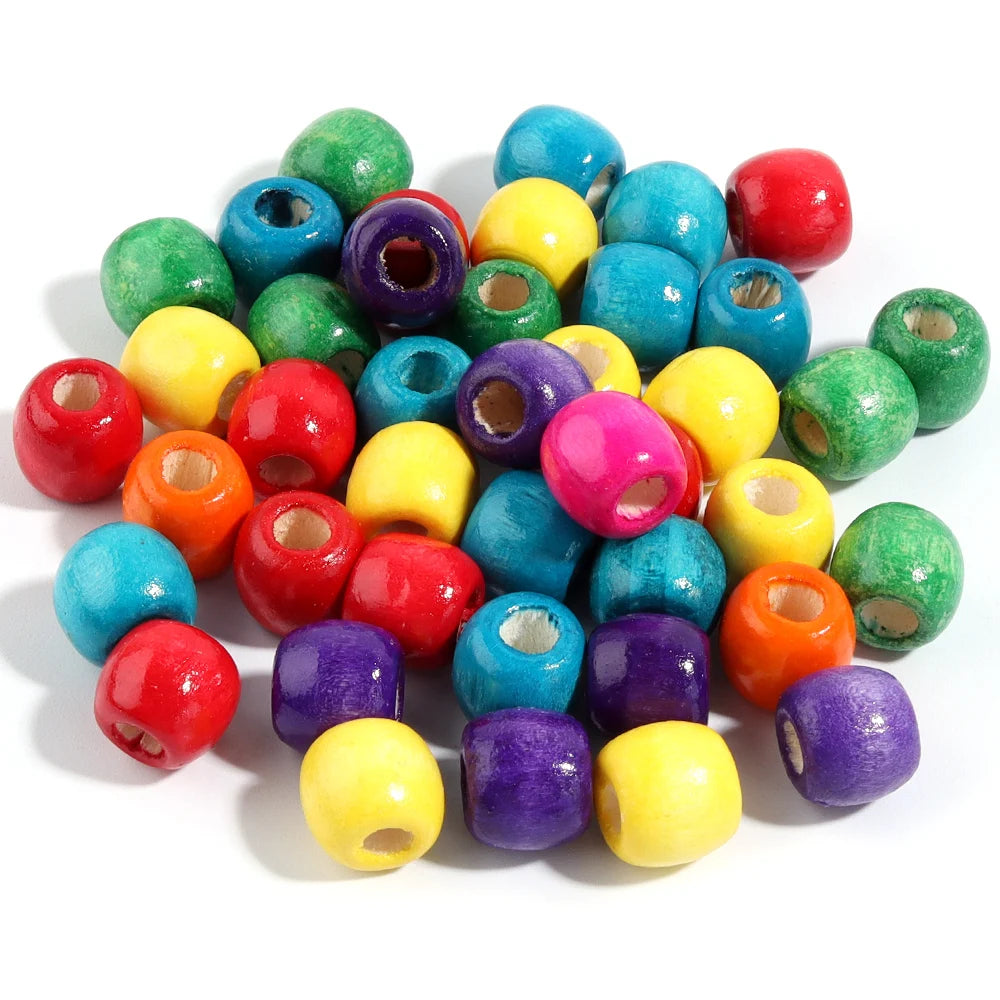50-100Pcs Natural Wooden Beads Colorful Barrel Shaped Wood Beads Big Hole Loose Beads For Jewelry Making DIY Hair Accessories