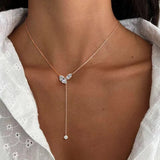 Certified Marquise cut Moissanite lariat pendant necklace with lab diamond accents, S925 silver long tassel jewelry for women.