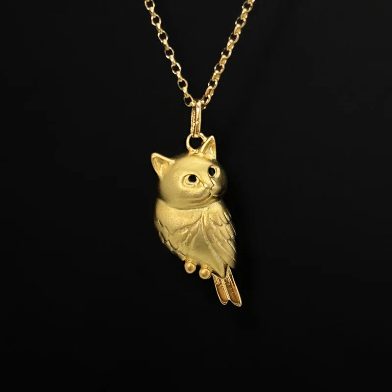 Golden silver textured 3D owl necklace pendant for women, featuring a cute animal design without chain, stylish jewelry accessory.