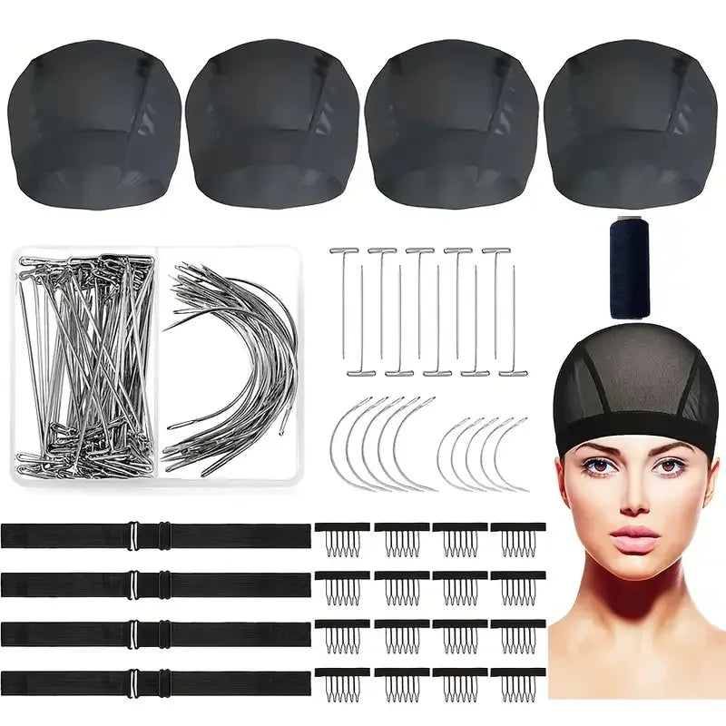 25PCS Wig Making Supply Kit Unisex Adult Stretchable Mesh Caps with Weaving Thread Needles Comb Clips Adjustable Bands